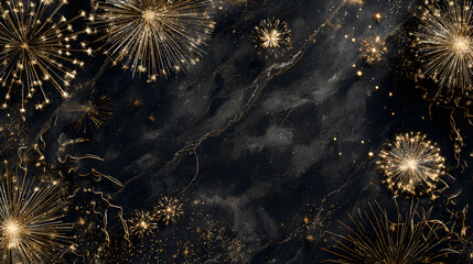 Golden New Year 2026 layout with glowing fireworks confetti scattered on black marble texture, wide central space