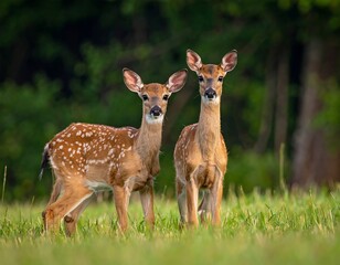Fototapeta premium Two fawn deer stand close, gazing in a grassy field against a blurred green forest backdrop