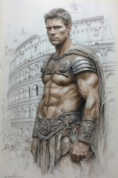 Dynamic sketch art of a muscular gladiator in the style of "Spartacus: Blood and Sand," mid-fight with blood spray and dark background.