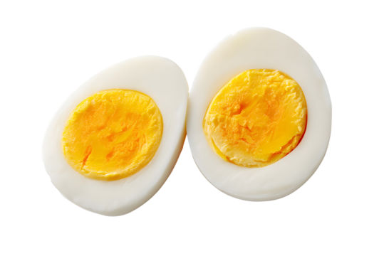 A halved hard boiled egg with a vibrant yellow yolk on black background
