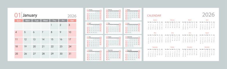Minimalist 2026 calendar layout featuring monthly planners in soft pink and gray tones, designed with clean typography and a modern, organized style suitable for print and digital use.