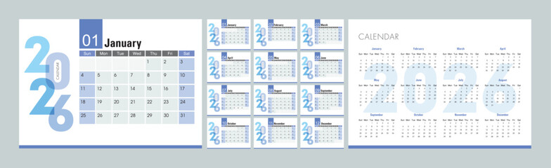 Modern 2026 calendar layout featuring monthly planner pages and a clean yearly overview in blue and white tones, designed for organization, planning, and scheduling.