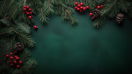Christmas themed green background with pine branches and red berries on dark green background for holiday decoration and festive season celebration