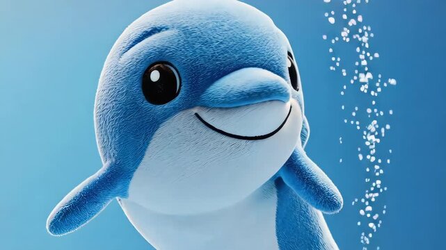 A playful and smiling cartoon dolphin swims underwater with bubbles