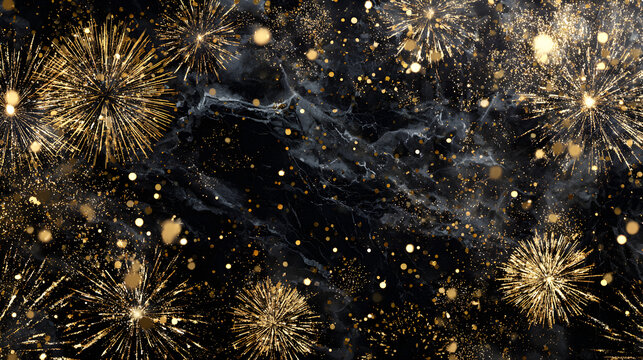 Golden New Year 2026 layout with glowing fireworks confetti scattered on black marble texture, wide central space