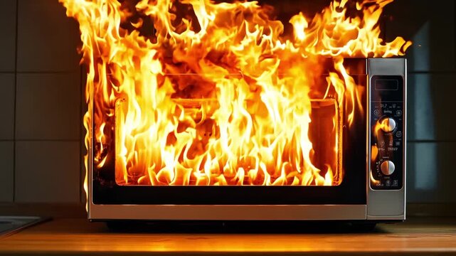 A microwave oven with flames coming out of it on a counter