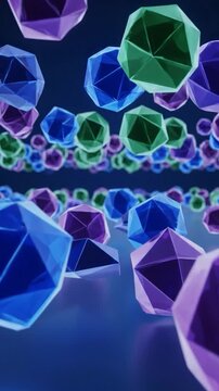 Abstract 3D rendering featuring floating, geometric, crystalline shapes in various colors