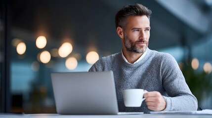 A middle aged man with a beard and gray sweater pauses from working on his laptop to drink coffee looking pensive in a modern softly lit environment