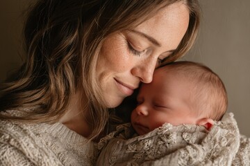 Warm family moment: mother holds newborn baby boy in a serene nursery
