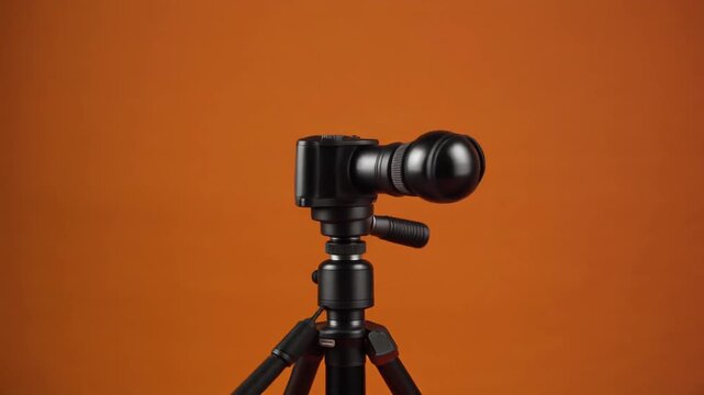 Black camera on tripod, bold tech setup in orange spotlight&hellip;