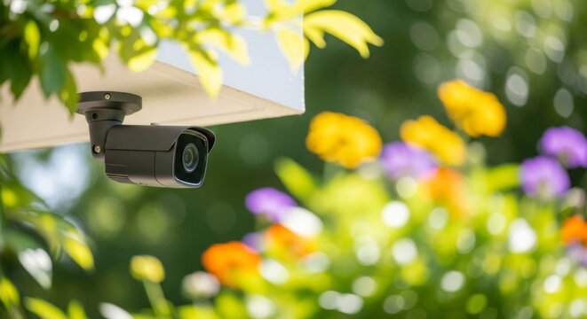 Modern noior outdoor bullet security camera in a lush garden set