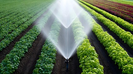 Vibrant rows of healthy green and red crops on a large farm are systematically irrigated by advanced sprinklers distributing water in a fine mist for optimal growth