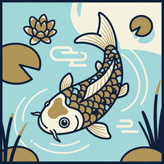 Fototapeta premium Stylized illustration of a koi fish swimming in a serene pond with lily pads, a lotus flower, and reeds.