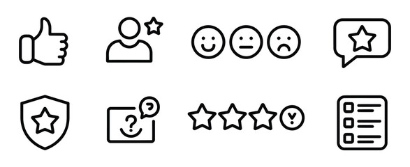 Feedback, rating outline icon set, including customer review symbols, linear icons for user experience, star ratings, feedback comments, like and dislike icons, perfect for websites