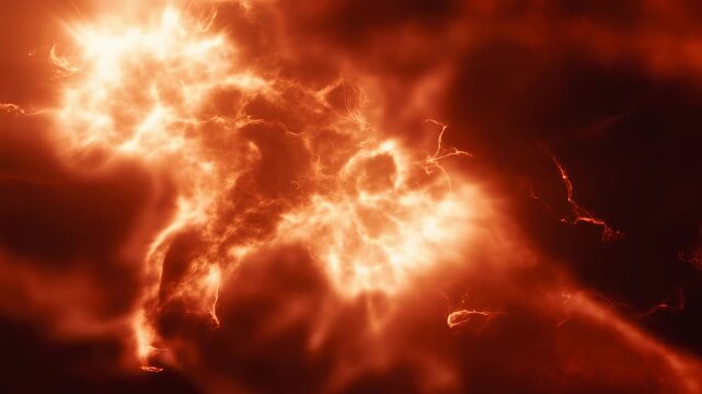 A dynamic explosion of orange and red fiery clouds with swirling patterns, resembling cosmic energy or an abstract flame.
