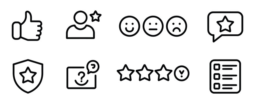 Feedback, rating outline icon set, including customer review symbols, linear icons for user experience, star ratings, feedback comments, like and dislike icons, perfect for websites