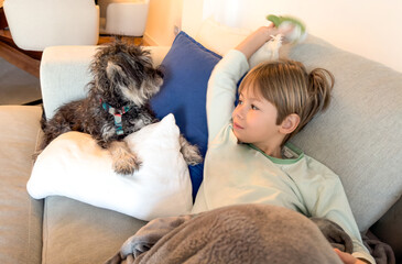 Cute child boy playing with his little puppy dog lying on the couch at home.