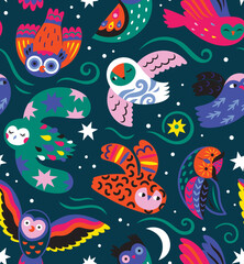 Seamless pattern with Aurora Owls on dark green. Vector illustration