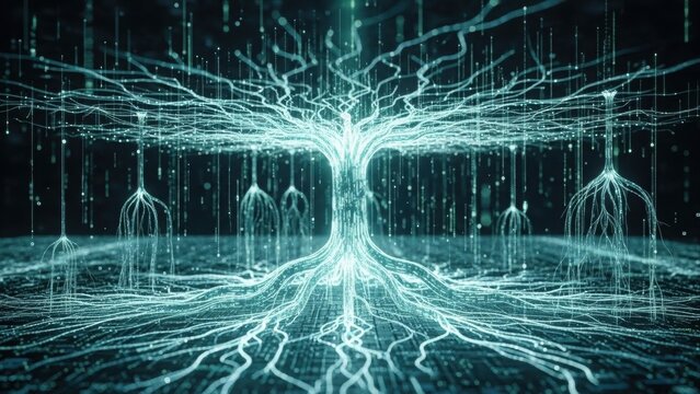 A glowing digital tree with branching roots and neural-like pathways symbolizing data growth, artificial intelligence, and network evolution.