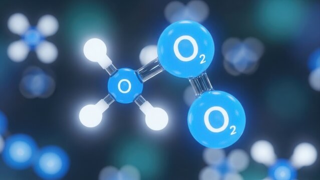 Oxygen molecules in a bright scientific visualization, depicting molecular chemistry and clean air processes in a modern scientific concept.