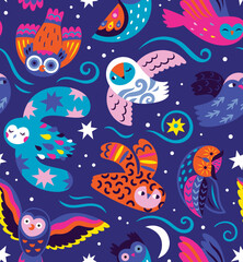 Seamless pattern with Aurora Owls on dark green. Vector illustration
