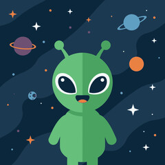 Fototapeta premium A friendly green alien character with big eyes stands in outer space surrounded by colorful planets and twinkling stars.