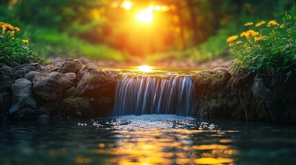 Sunlit stream cascading over rocks in a lush forest