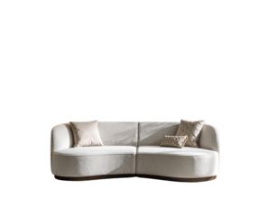 A stylish contemporary living room layout showcasing a curved designer sofa, abstract wall art panel behind it, side table with décor elements, and modern lighting, background