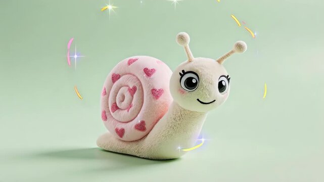 A plush, cartoon snail with a heart-patterned shell and big, cute eyes