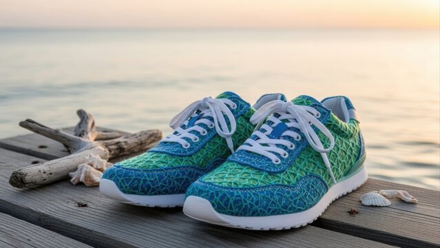 Colorful textured sneakers on a wooden pier near the beach at sunset with shells and driftwood.