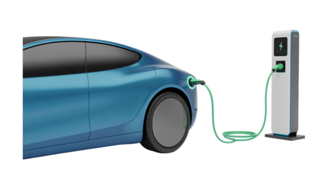 Blue electric car charging at a modern charging station isolated on transparent background