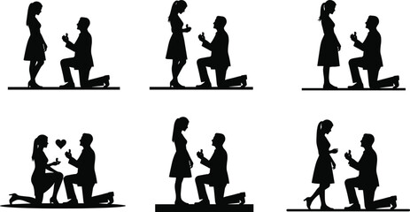 Marriage proposal silhouette set, romantic couple icons, black vector illustrations, engagement moment design, love and relationship bundle