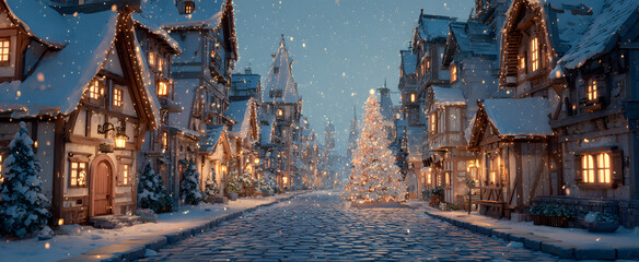 Festive winter village scene with christmas tree and illuminated houses under snowfall