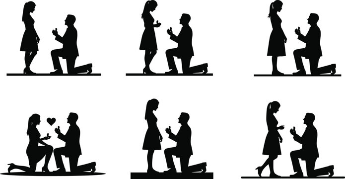 Marriage proposal silhouette set, romantic couple icons, black vector illustrations, engagement moment design, love and relationship bundle - Powered by Adobe