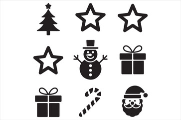 Black and white christmas icons featuring trees stars gifts and santa claus