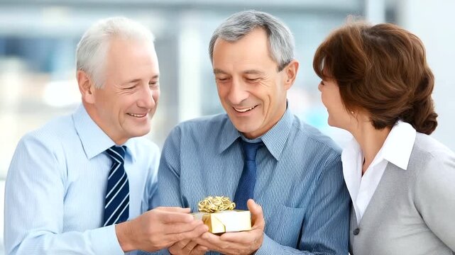 POV from inside a retirement gold watch gift elderly worker realizing it&rsquo;s a goodbye present, forced smile for photo, office party fake happiness