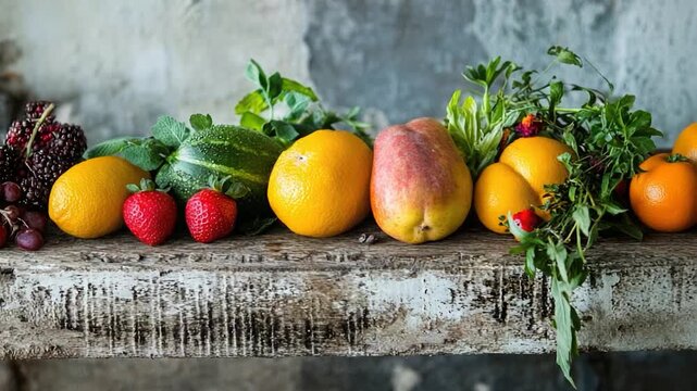 Video A selection of colorful fruits arranged on a natural wood surface, perfect for still life or as a decorative element