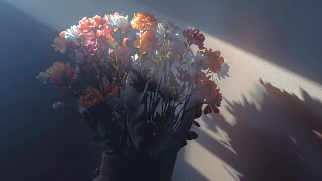 Surreal silhouette of a head filled with flowers and backlit by dramatic rays, expressing complex mental health, inner growth, emotional struggle, hope, anxiety, and duality