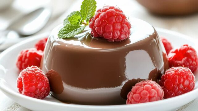 Chocolate pudding served on a white plate, topped with fresh raspberries and mint leaves. The glossy texture of the pudding contrasts with the vibrant red berries, creating a delicious presentation.
