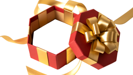 Open red and gold striped gift box with ribbon isolated on transparent background