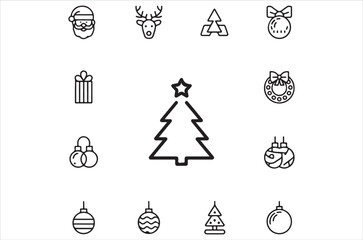Simple line art icons depicting christmas elements and festive holiday symbols