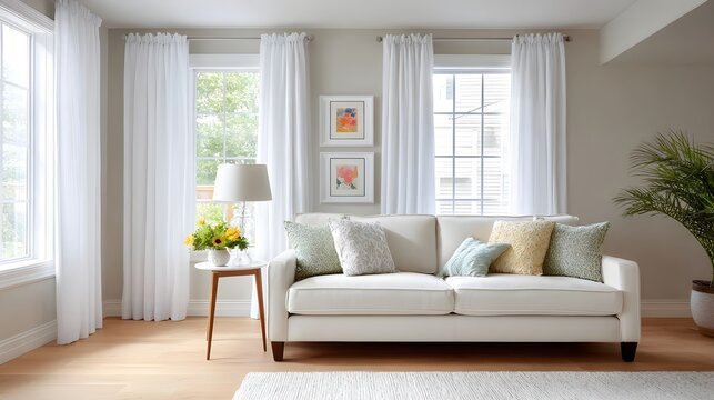 Serene and inviting modern living room decor with a plush cream sofa accented by vibrant throw pillows illuminated by abundant natural light from large and a stylish table lamp