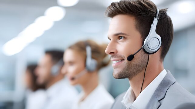 Close up of a friendly male call center agent with a headset engaged in communication working alongside other support staff in a bright modern business office setting - Powered by Adobe