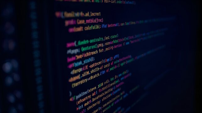 a display of intricate code on a screen. The image presents a close-up of computer code with a background - Powered by Adobe