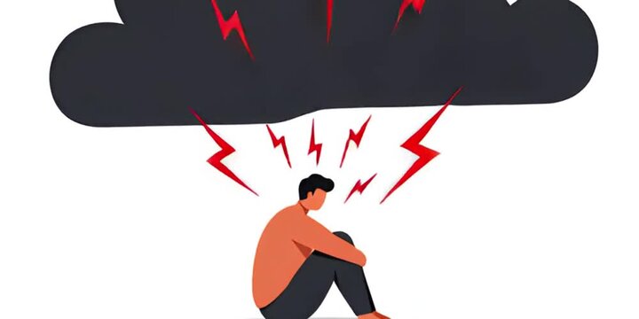 Overwhelmed: Man Under Storm Cloud of Anxiety