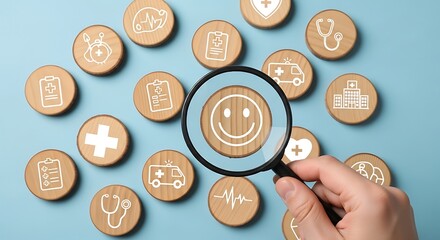 Hand holding magnifying glass over smiling face surrounded by health icons