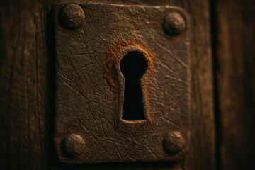 Obraz premium Rustic Metal Keyhole Plate On Weathered Wooden Door Close-Up