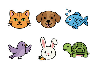 Obraz premium Cute cartoon pets and animals vector icons set