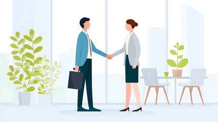 Illust n depicts a professional man and woman in a modern office shaking hands signifying a successful business agreement partnership and collabo n in a bright