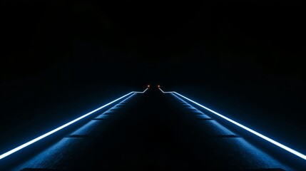 a perspective view of an abstract illuminated road in dark. the two lines converge in the distance, creating a sense of depth and mystery
